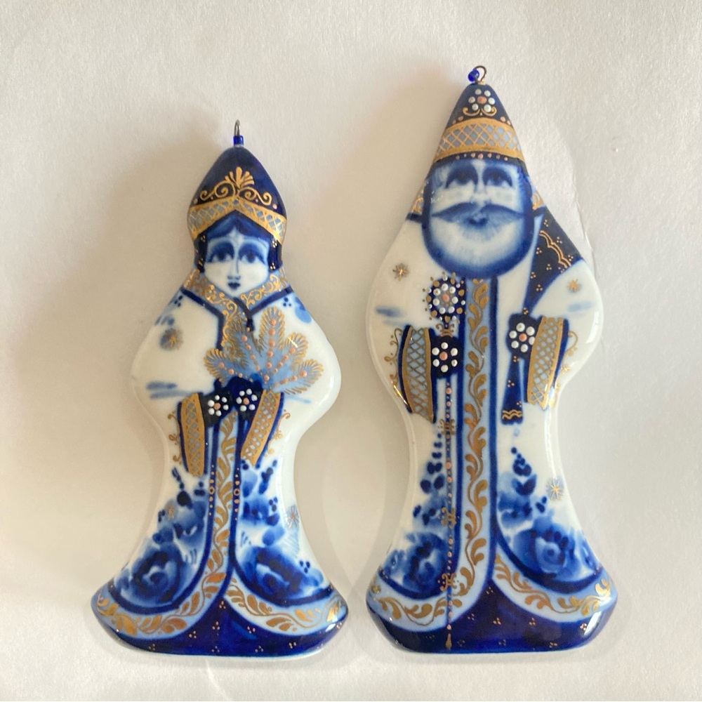 Blue Gold Ceramic Figurines Eldreth Glazed Pottery. Russian ornament. Christmas.